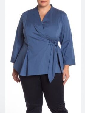 Lafayette 148 New York blue Taffeta Wrap Blouse Size 24W